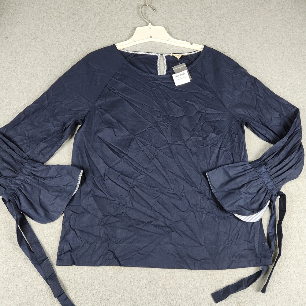 Jane and Delancey Blouse Top Womens Medium Navy Blue Cotton Tie Bell Sleeve